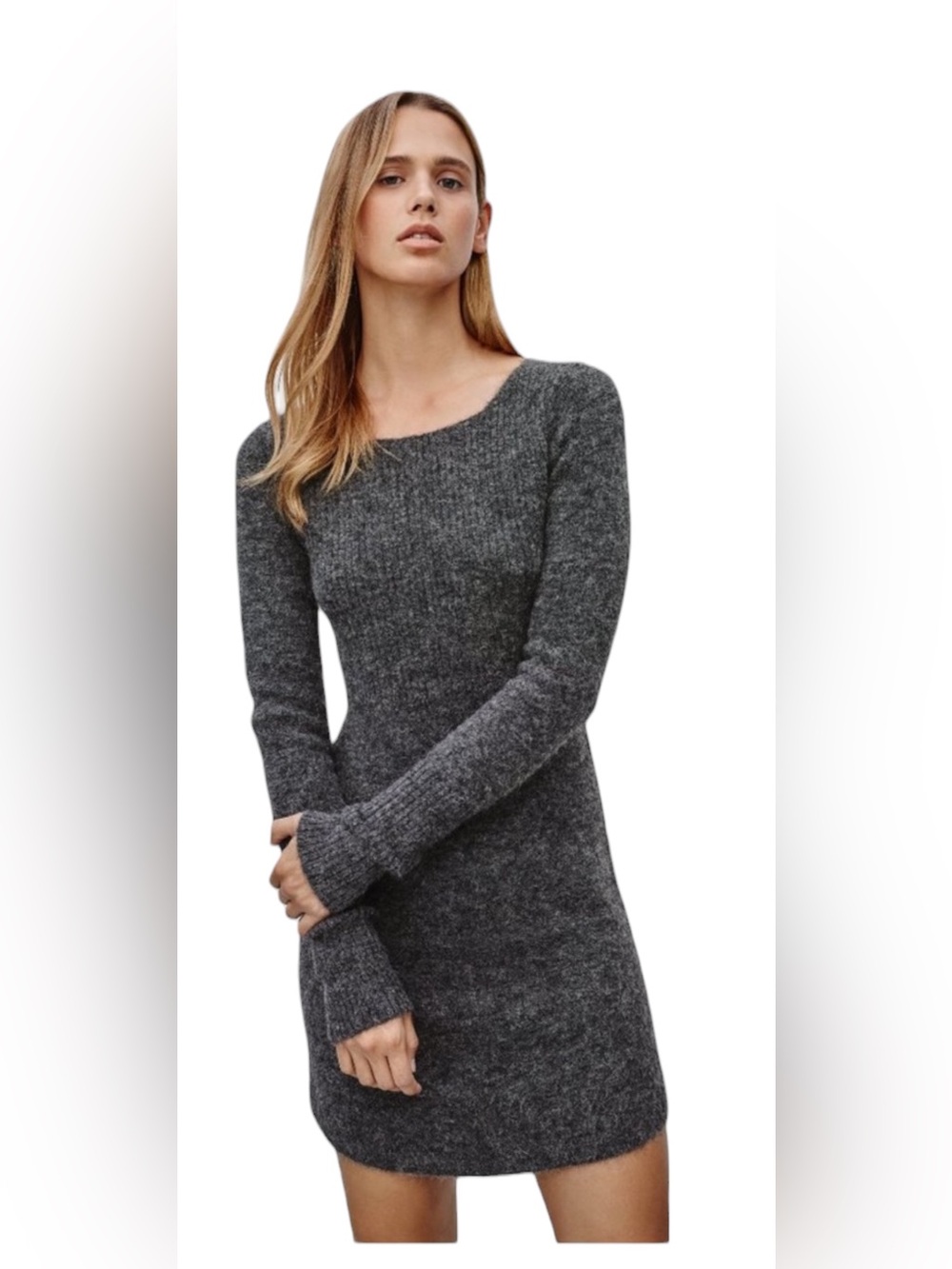 Wilfred Free Aritzia Peele Alpaca Charcoal Gray Ribbed LongSleeve Knit Dress XXS